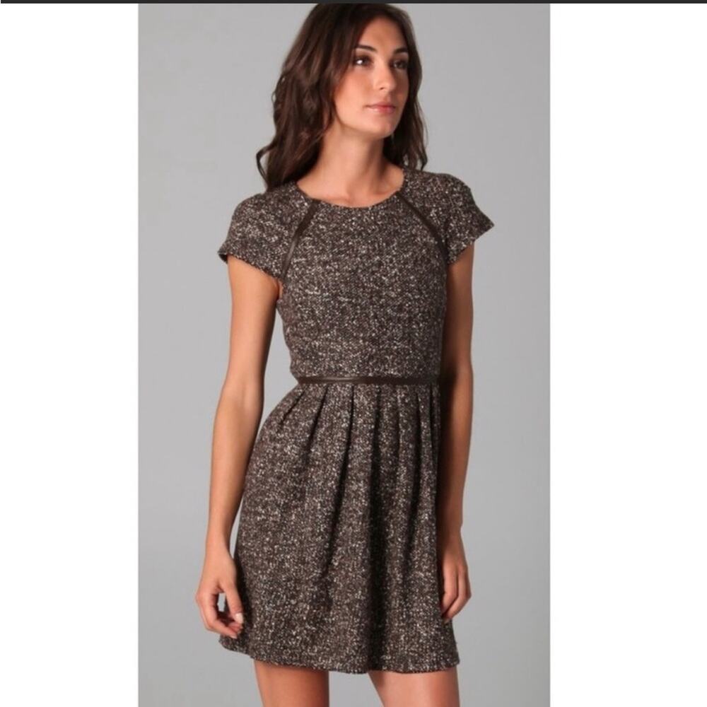 Tibi Dress Tweed Leather Trim Texture Pockets Cap Sleeve Brown 10 Office Classic